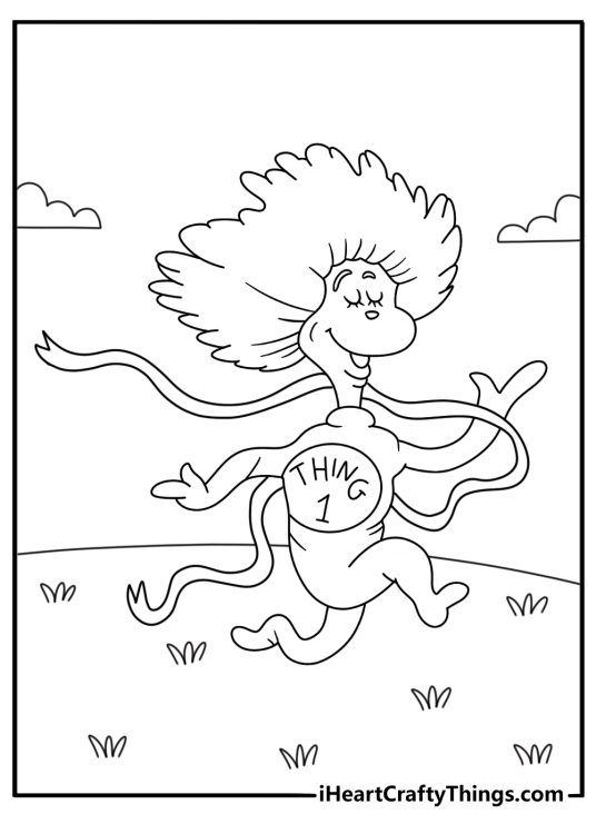 Free printable scene featuring Thing 1 running with a long ribbon