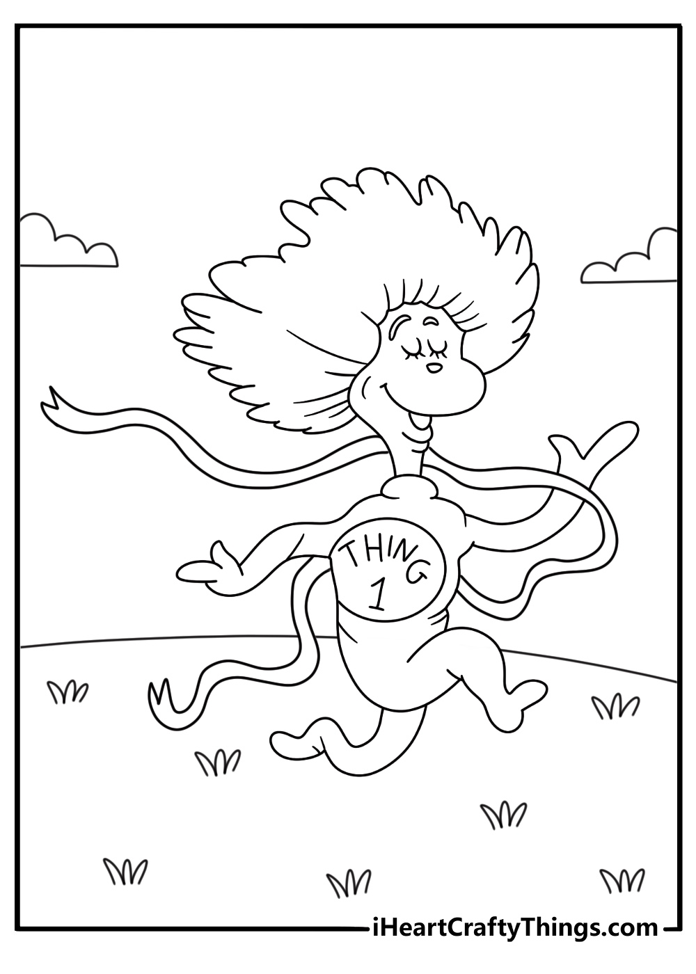 Free printable scene featuring Thing 1 running with a long ribbon