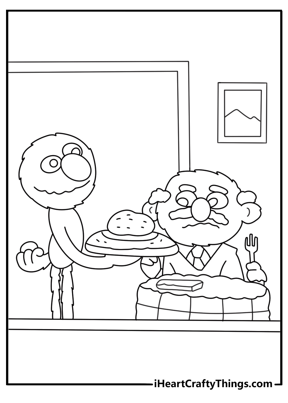 Free printable scene of Grover serving food at a small restaurant table