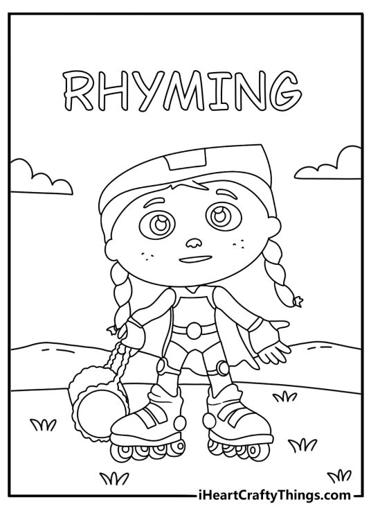 Free printable scene of Wonder Red finding a rhyming word