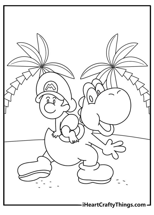 Free printable scene of Yoshi carrying Baby Mario across an island
