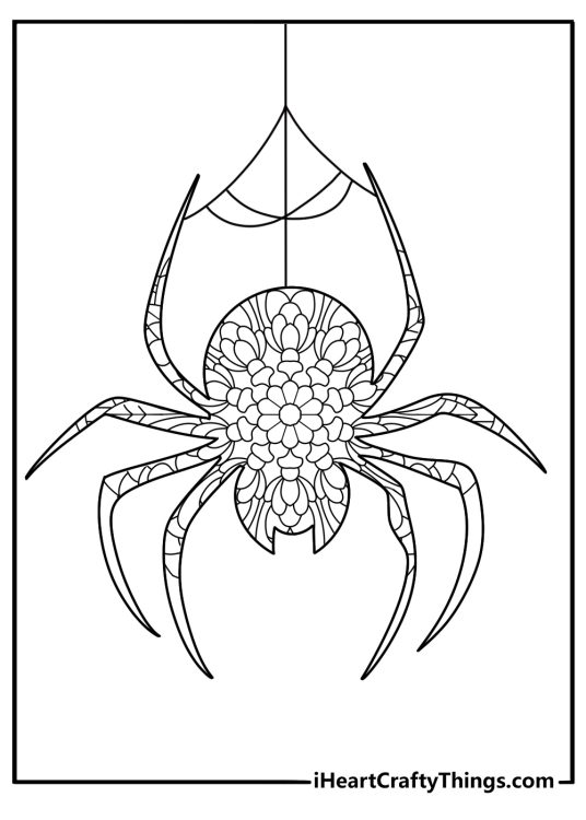 Free printable tattoo coloring sheet of a spider on a web mandala
