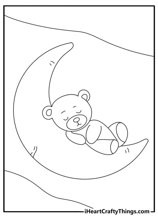 Free printable teddy bear coloring page with a bear on a moon pillow
