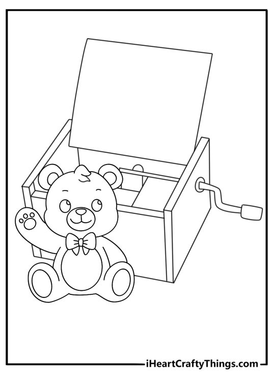 Free printable teddy bear coloring sheet with a bear beside a music box