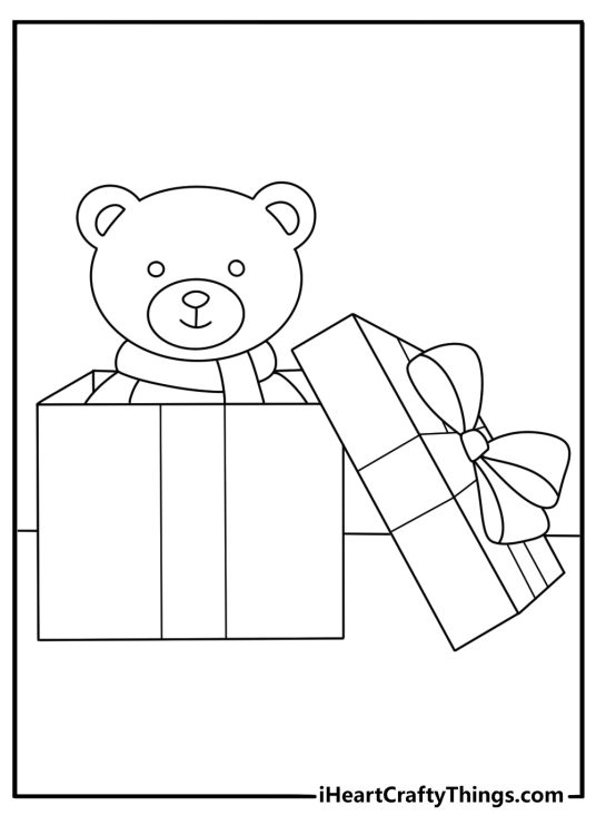Free printable teddy bear coloring sheet with a bear inside a gift box