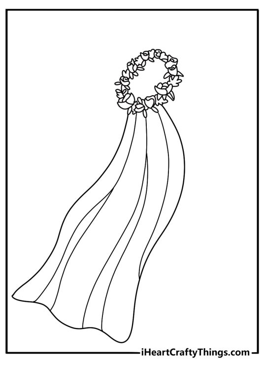 Free printable wedding coloring page with a veil and tiara on a table