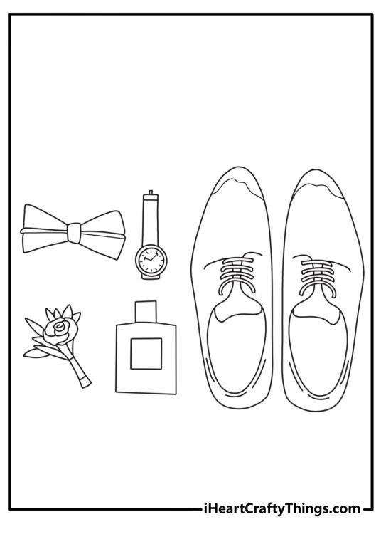 Free printable wedding coloring sheet with a groom shoe and boutonniere