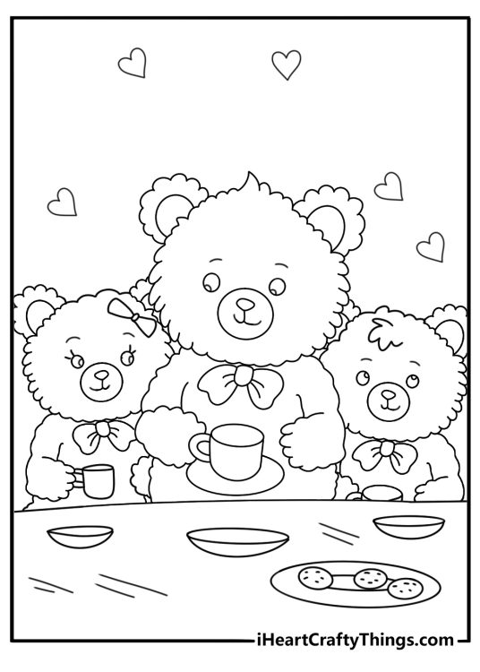 Free teddy bear coloring pages printable with a teddy bear at a tea party