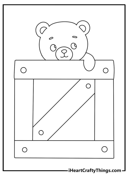 Free teddy bear coloring sheet with a bear inside a wooden toy box