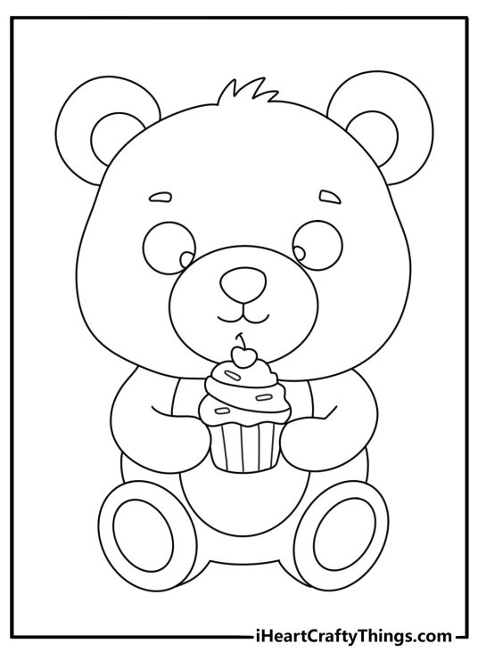 Free teddy bear printable with a teddy bear holding a cupcake