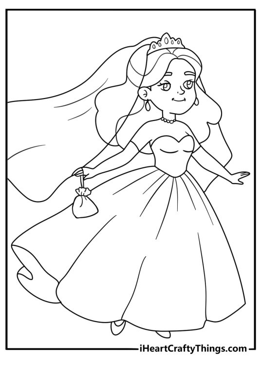 Free wedding coloring pages printable with a bride holding a small clutch