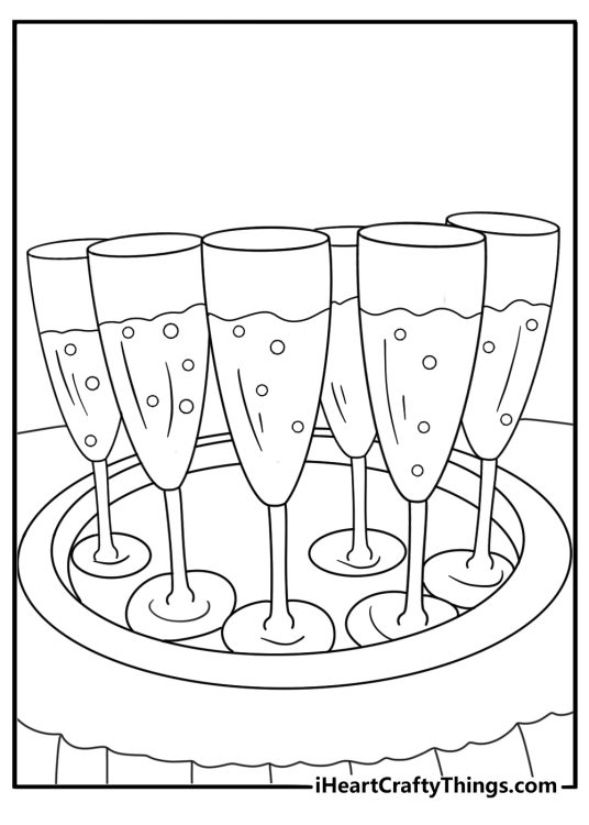 Free wedding coloring printable with champagne glasses on a reception table