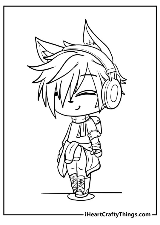 Coloring image for kids presenting Gacha Life character with a pair of headphones