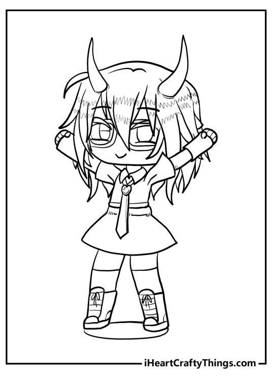 Gacha Life coloring page featuring happy-looking girl with horns standing with arms up