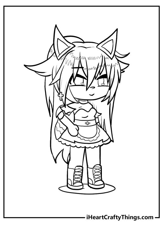 Gacha Life-themed printable showing a very stylish female character wearing a short dress