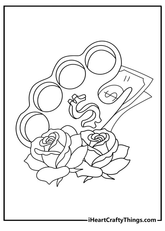 Gangsta tattoo coloring page with brass knuckles and a money rose
