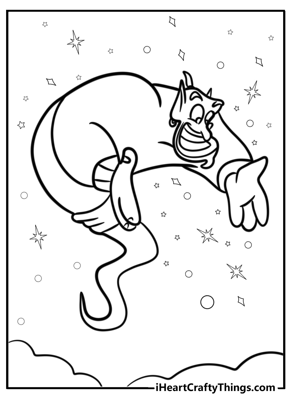 Genie with sparkles and magic detailed coloring sheet