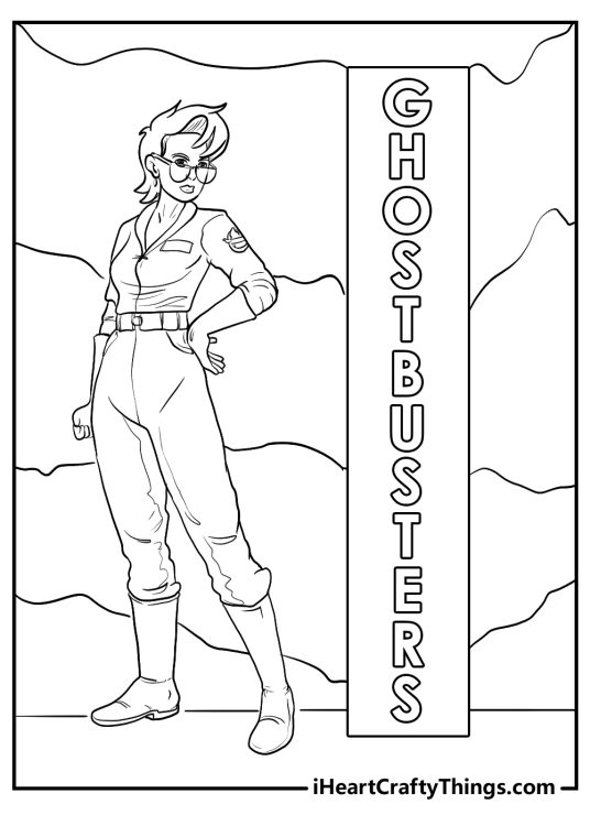 Ghostbusters-themed image presenting lady Ghostbuster striking a cool pose next to Ghostbusters banner