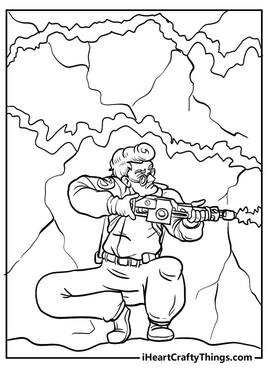 Ghostbusters coloring picture featuring Ghostbuster using his weapon surrounded by some ghostly apparitions
