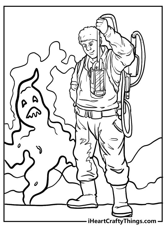 Ghostbusters picture featuring a team member who has succeeded in trapping a ghost in his proton pack