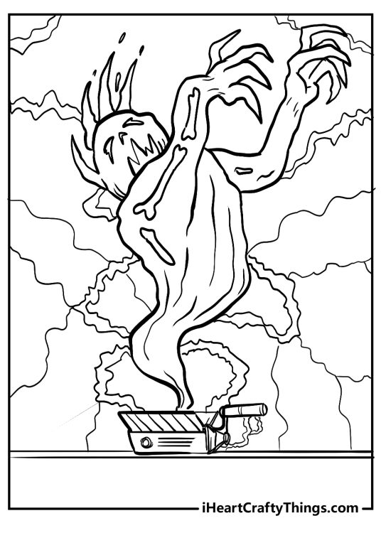 Ghostbusters coloring sheet featuring scary ghost being captured by the proton pack