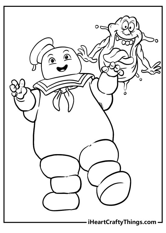 Ghostbusters-themed coloring picture presenting most iconic ghosts Puffy Big Guy and the Marshmallow Man