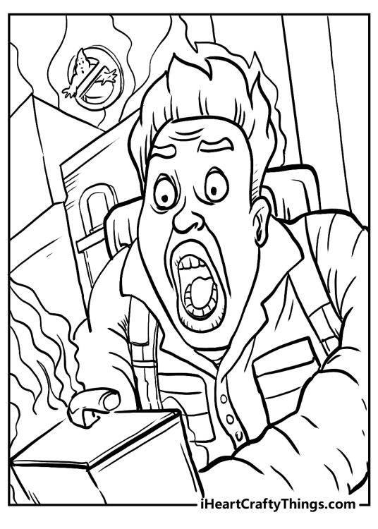Ghostbusters-themed coloring image featuring a close up of a male character looking a bit perturbed