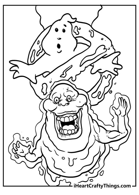 Ghostbusters coloring printable presenting Slimer under the iconic Ghostbusters logo