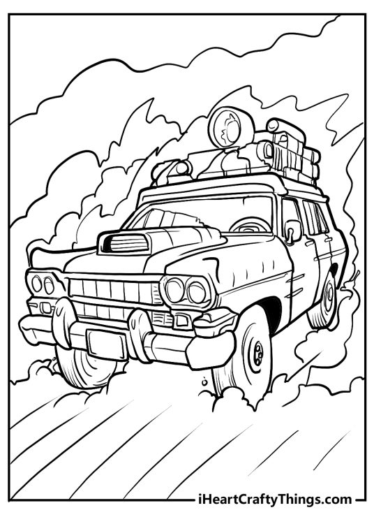 Detailed Ghostbusters coloring printable featuring awesome car Ectomobile going at full speed