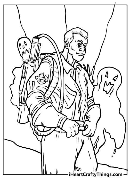 Ghostbusters-themed picture featuring Ghostbuster surrounded by two creepy ghosts