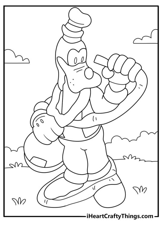 Goofy ahh coloring pages showing Goofy tangled in a garden hose
