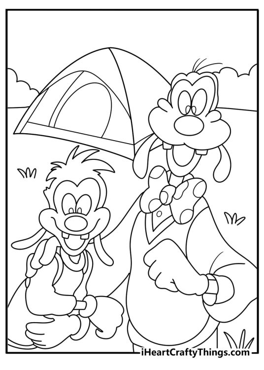 Goofy and Max coloring pages with father and son camping by a tent