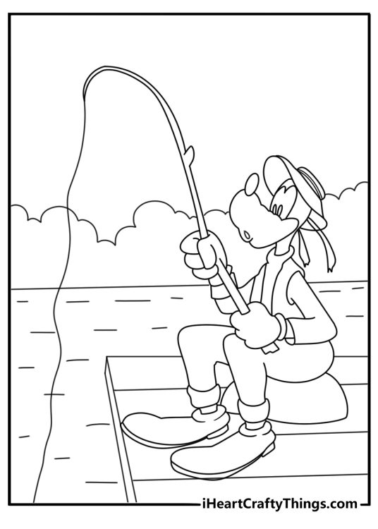 Goofy coloring page with Goofy fishing from a small dock