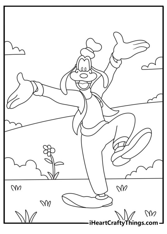 Goofy coloring pages for adults with detailed gloves shoes and classic outfit