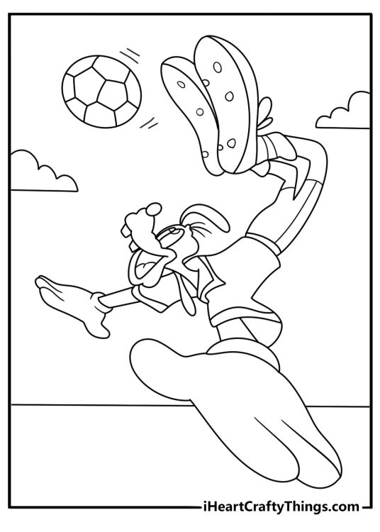 Goofy coloring pages for kids showing Goofy playing soccer on a field