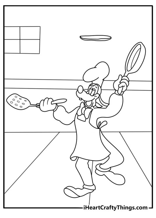 Goofy coloring sheet with Goofy cooking pancakes in a kitchen
