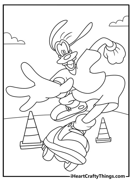 Goofy printable coloring pages with Goofy skateboarding past cones