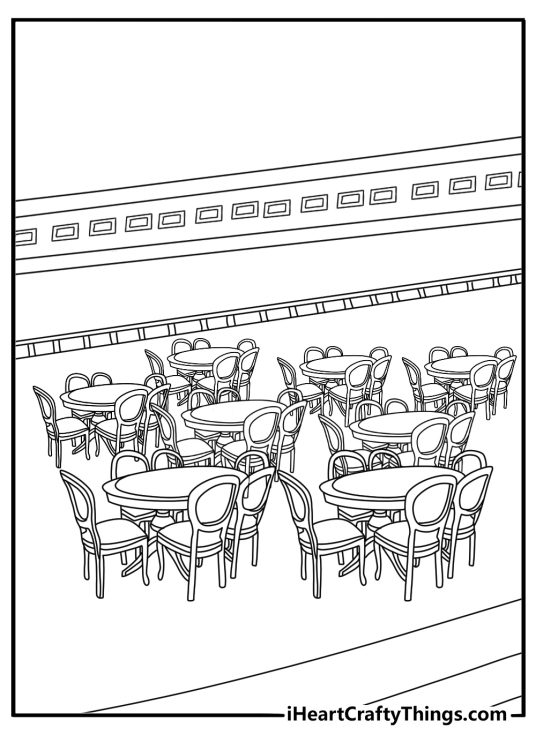 Grand dining saloon with tables and chandeliers Titanic coloring sheet download