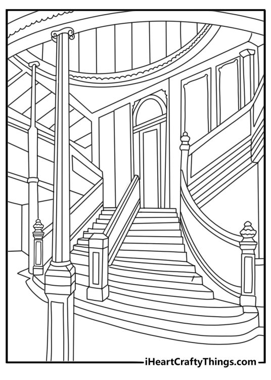 Grand staircase inside Titanic detailed coloring page for adults
