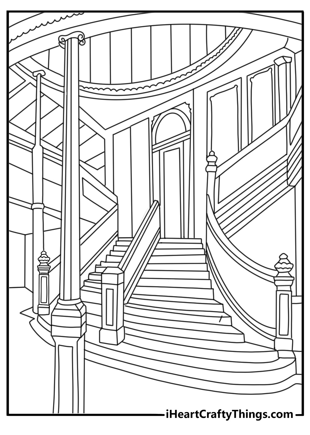 Grand staircase inside Titanic detailed coloring page for adults