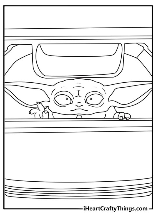 Grogu peeks from behind a spaceship crate in this simple printable
