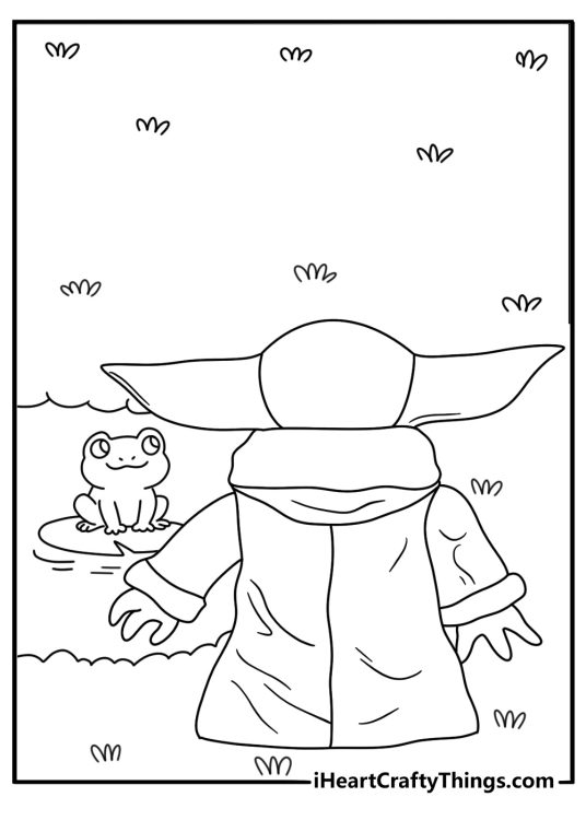 Grogu watches a small frog near a pond in this cute coloring sheet