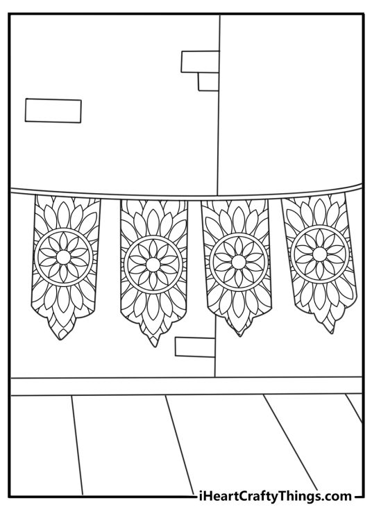 Happy Cinco De Mayo coloring page with papel picado banners over a street market