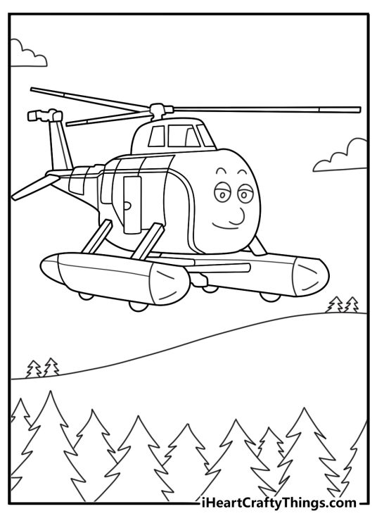 Harold the helicopter flying over the Sodor coastline coloring page pdf