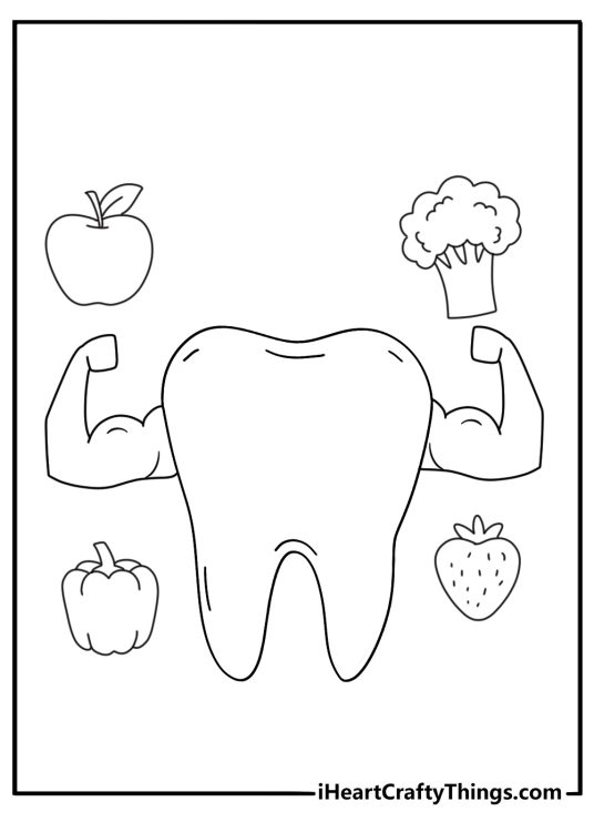 Healthy fruit and vegetables surround a strong tooth in this coloring sheet
