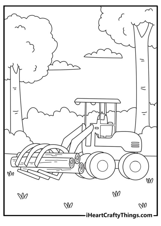 Heavy tractor dragging log chain in forest timber work coloring sheet