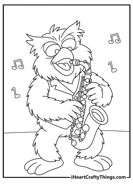 Hoots the Owl plays saxophone near a street lamp in this music coloring page