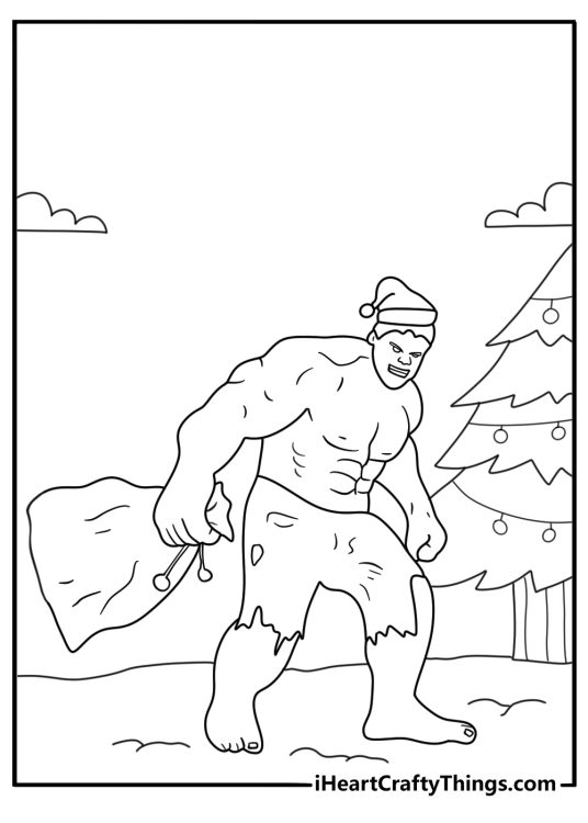Hulk Christmas coloring page with Hulk carrying a sack beside a tree