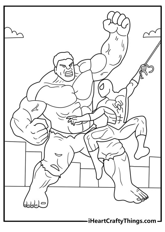 Hulk and Spiderman coloring page with the two heroes swinging across rooftops