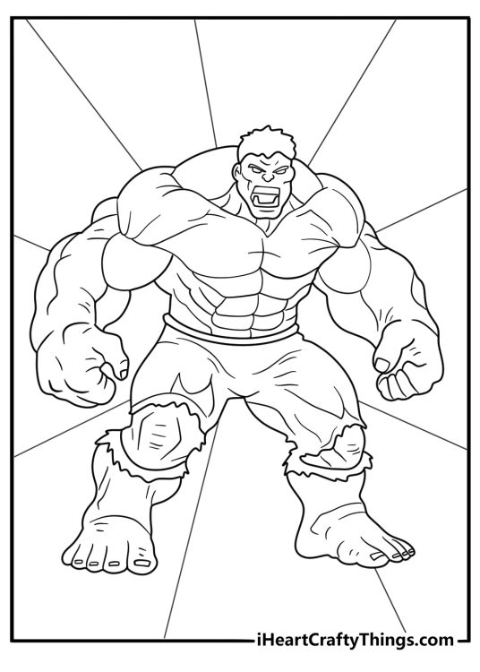 Hulk coloring page for adults with detailed muscles and torn pants in comic style
